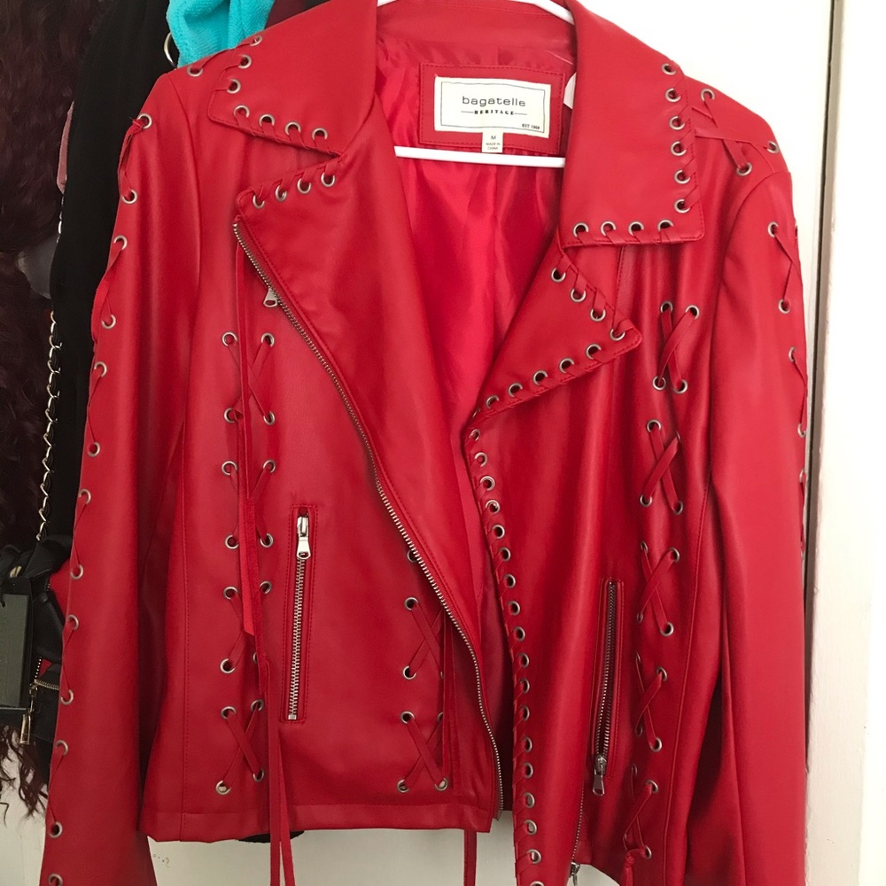 Bagatelle Red Leather Fringe Jacket
